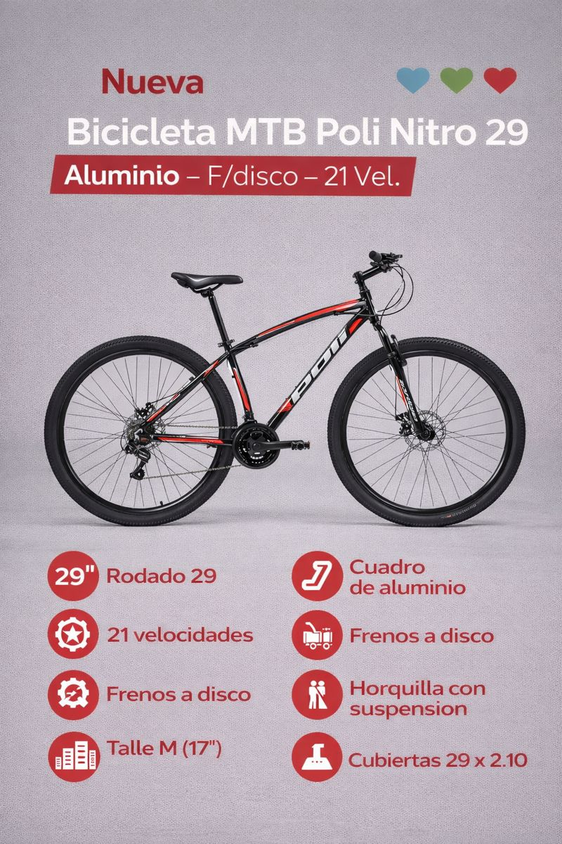 Bicicleta Mtb Poli Nitro 29 Aluminio F/disco 21 Vel. Suspen - Imagen 2